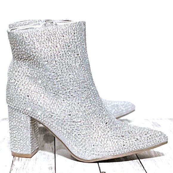 New Women Silver Rhinestone Blingy Pointed Toe Ankle Boots Booties - Picture 3 of 9